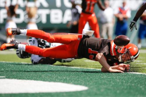 Josh McCown fumbles in the endzone and suffers a concussion. (AP Photo)